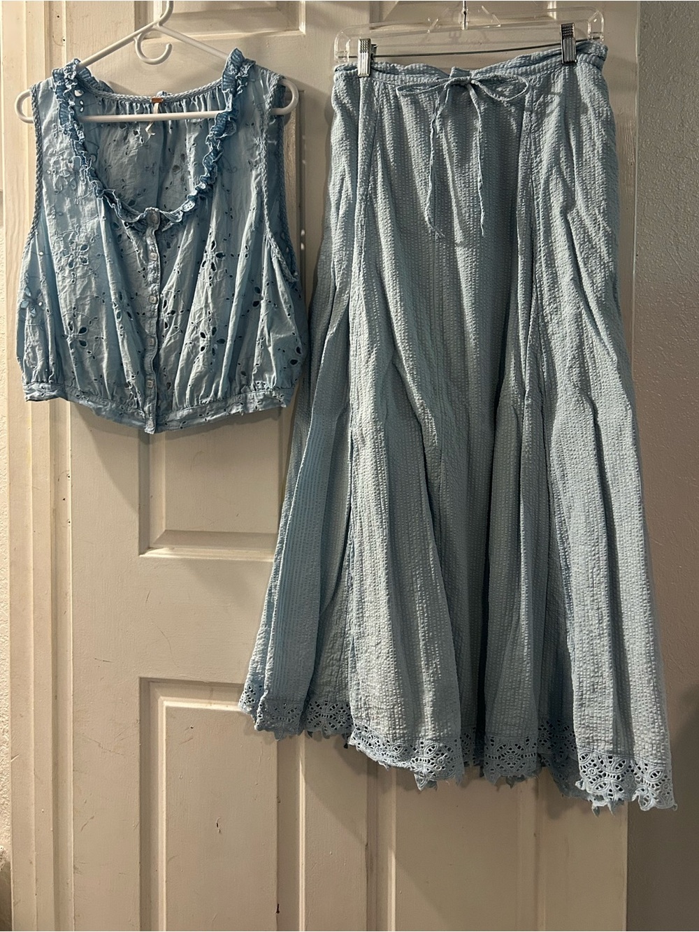Free People Light Blue Eyelet Midi Skirt & Cropped Tank Set